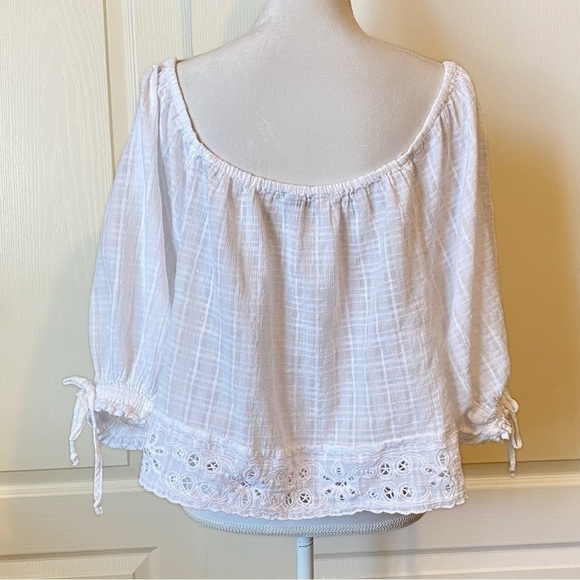 American Eagle Women’s White Short Sleeve Eyelet Crop Peasant Blouse Size Large - Picture 4 of 11
